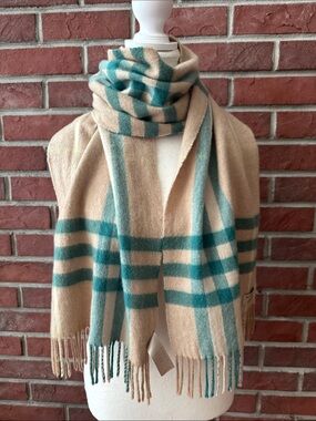 Burberry Beige & Green Check Cashmere Fringe Scarf 12”x70” Made in Scotland